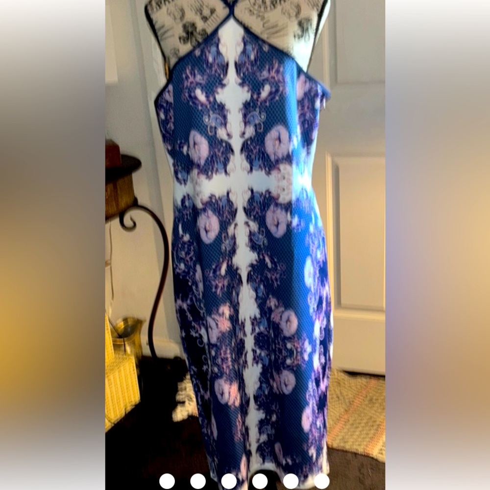 Venus Blue & Pink Plus 1X Halter Sheath Cocktail Midi Dress nwot